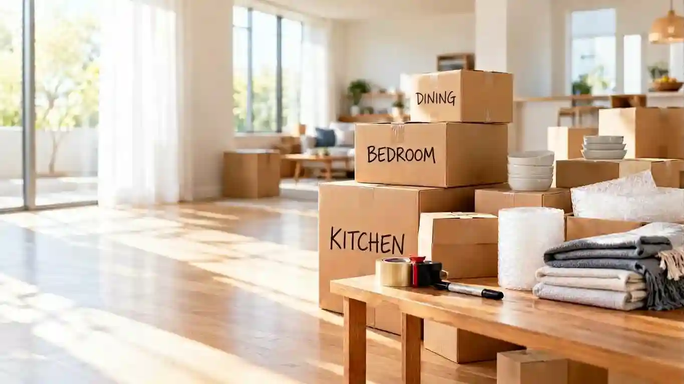 Labeled moving boxes with packing supplies in a bright living room