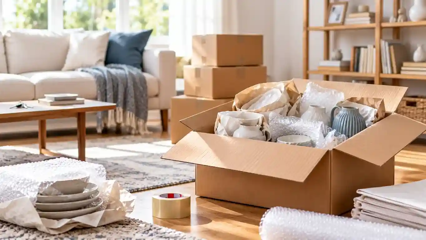 Open moving box with wrapped dishes and household items being packed in a living room