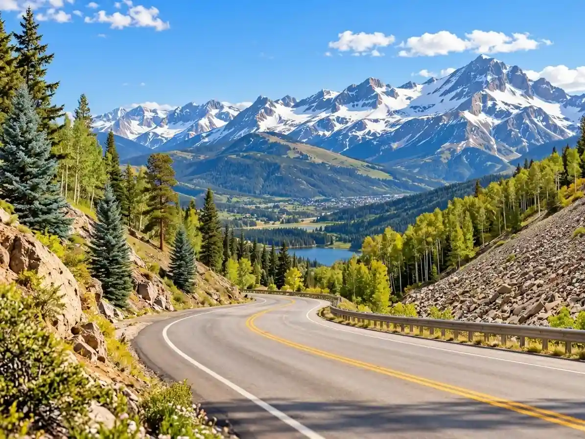 Scenic Colorado mountain road winding through the Rocky Mountains