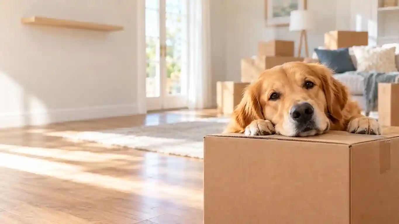 Golden retriever resting its head on a moving box in a home being packed