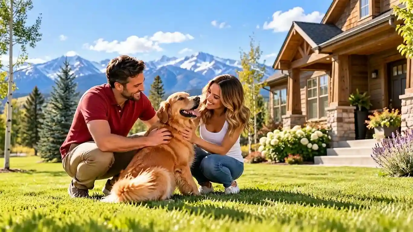 Couple enjoying their new front yard with their dog at a Colorado home