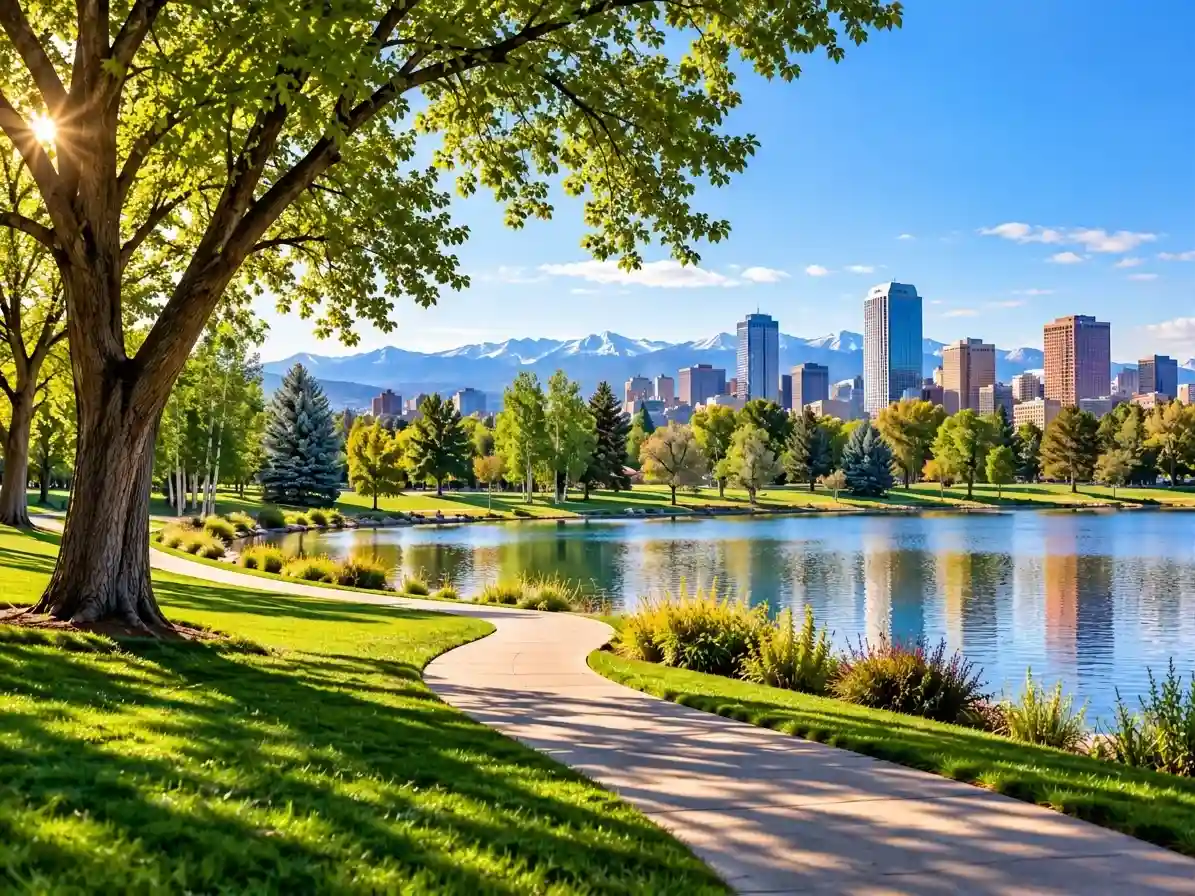 Denver park and lake with the city skyline and Rocky Mountains in the distance