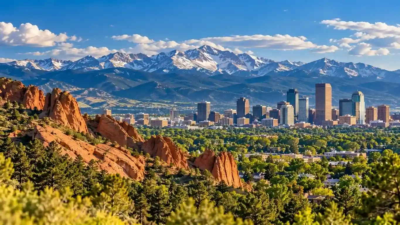 Denver skyline with Colorado red rock formations and the Rocky Mountains
