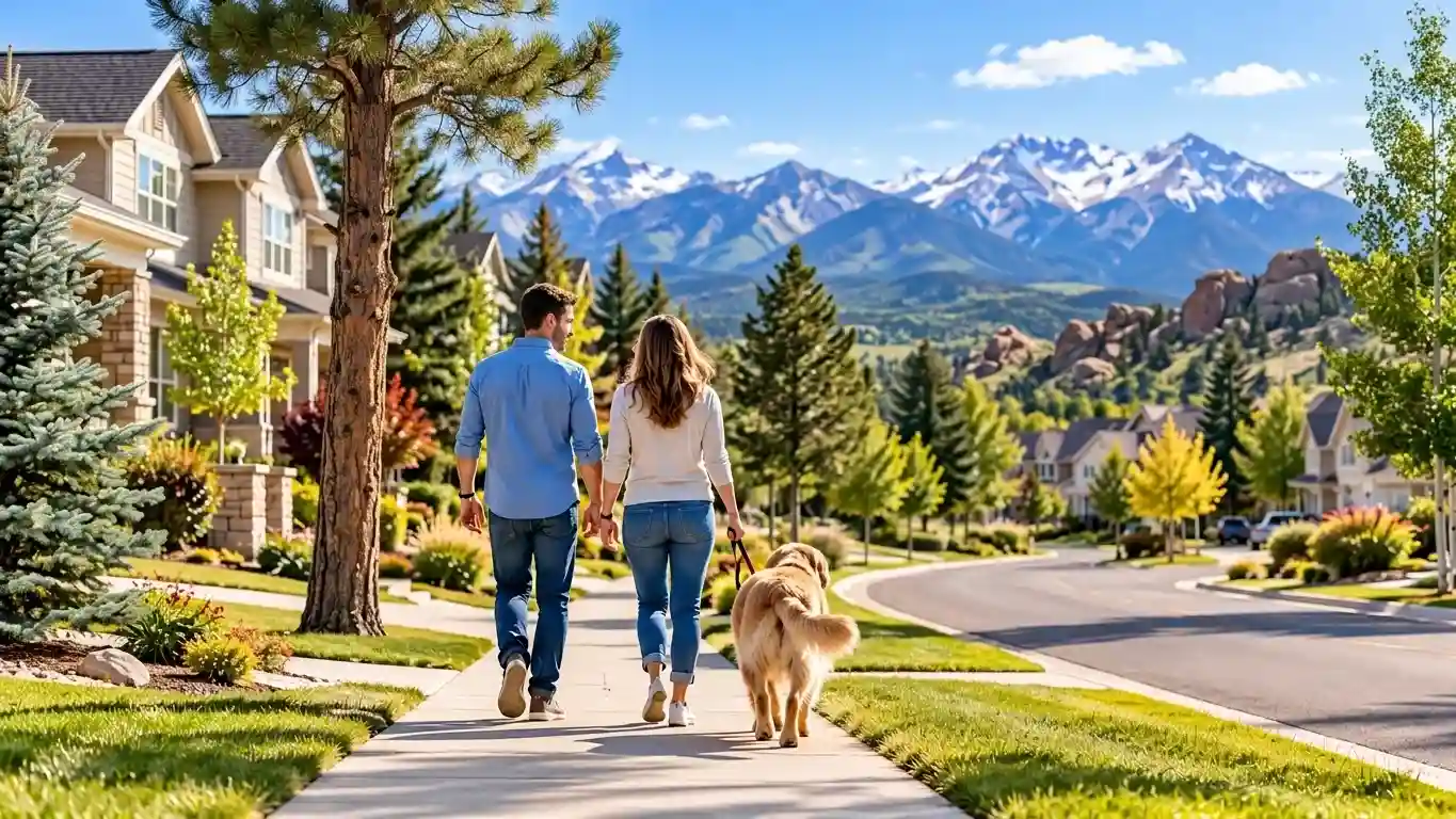 Couple walking their dog through a Colorado neighborhood with mountain views