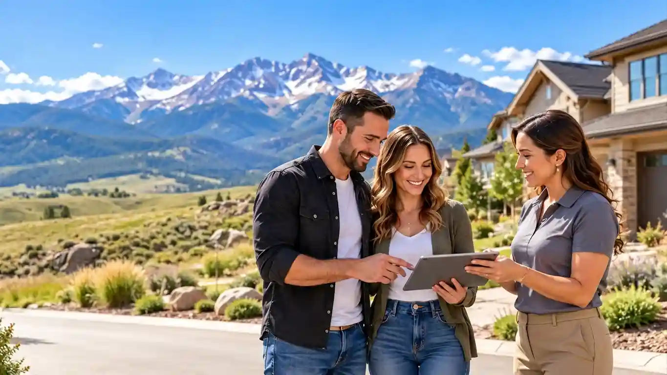 Couple reviewing a moving plan with a moving advisor in a Colorado neighborhood with mountain views