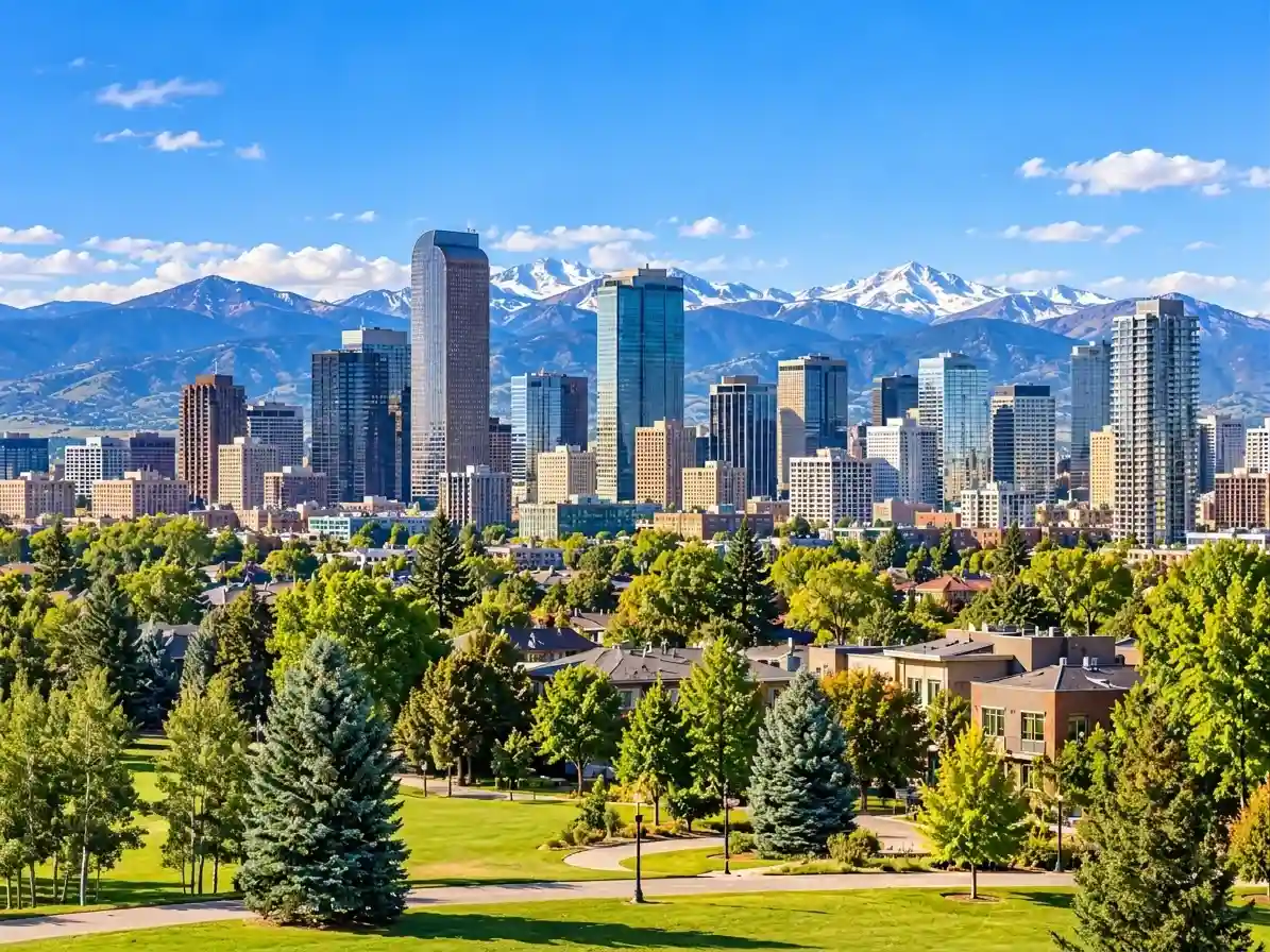 Denver skyline with the Rocky Mountains in the background
