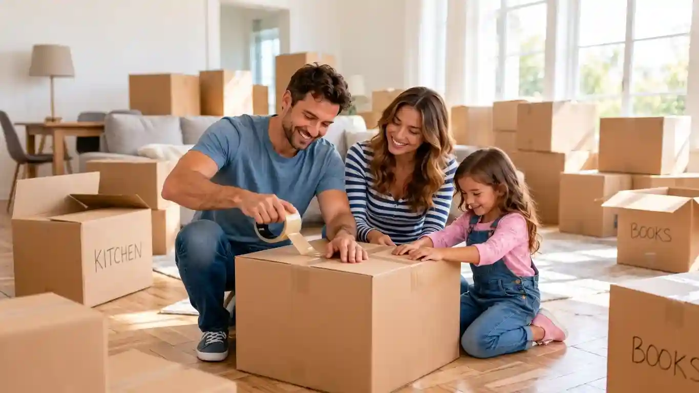 Family packing and sealing moving boxes together while preparing for a move