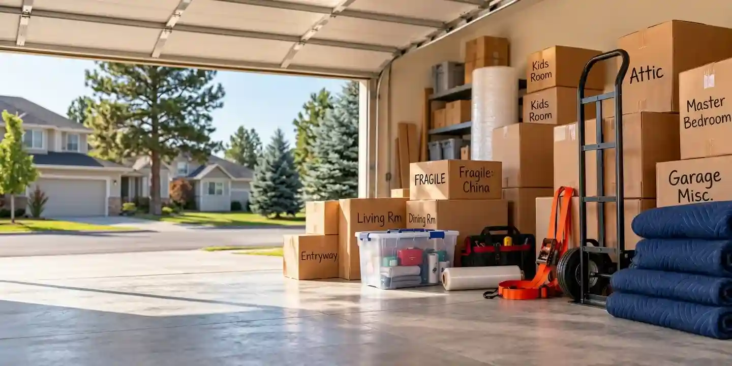 Packed moving boxes and moving supplies organized in a garage before moving day