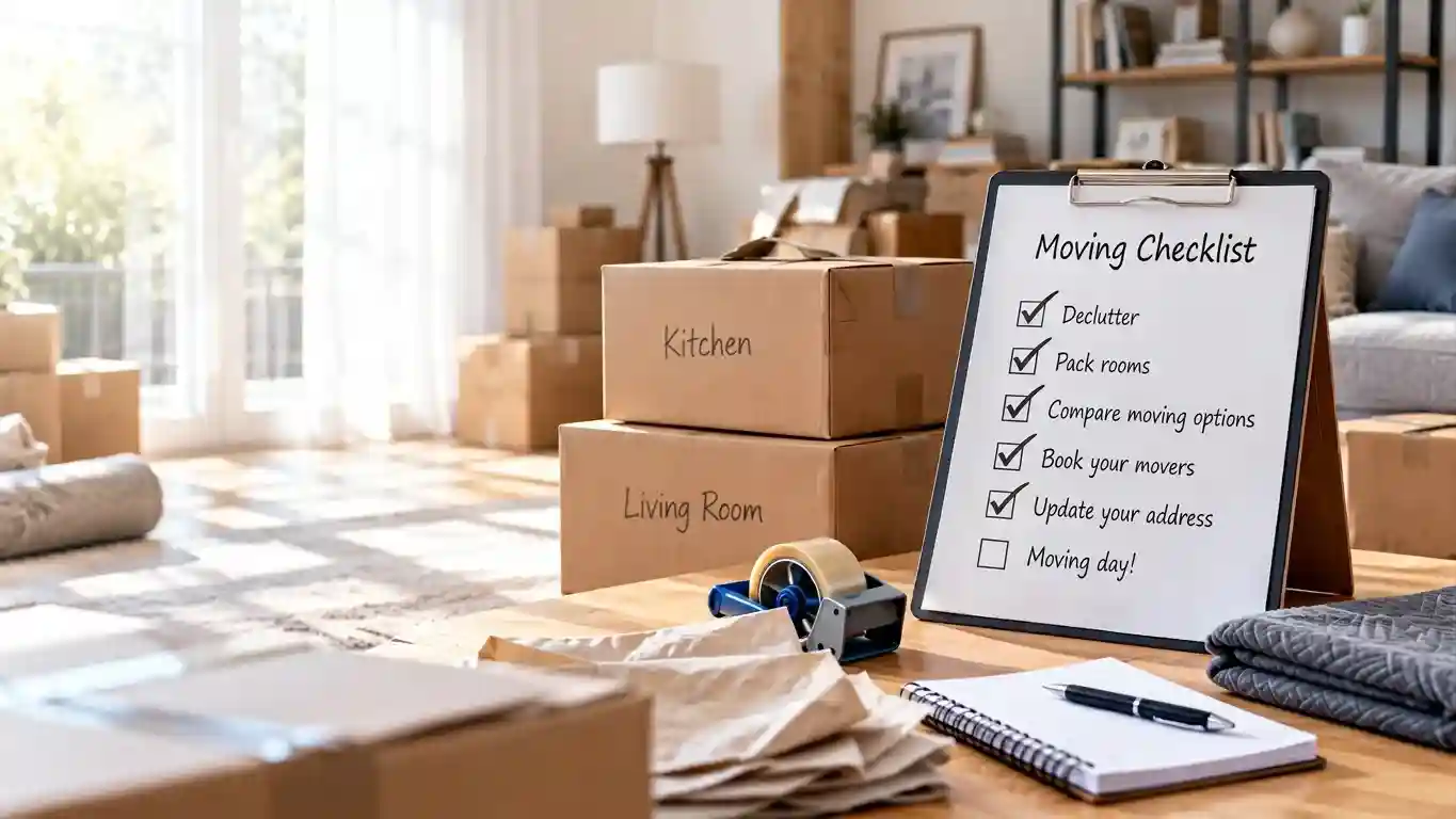 Moving checklist on a clipboard beside labeled moving boxes and packing supplies in a bright living room