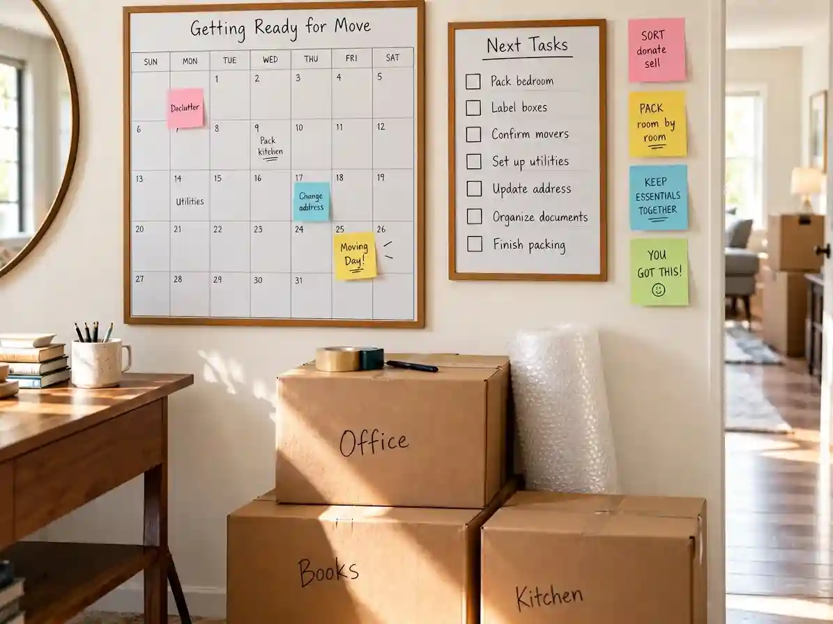 Moving checklist timeline with organized tasks, labeled moving boxes and packing supplies