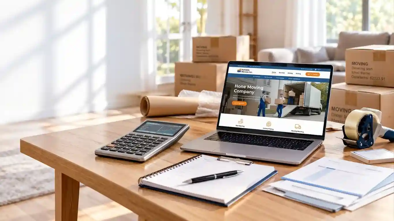 Laptop and calculator on a table with moving boxes and packing supplies in a modern home