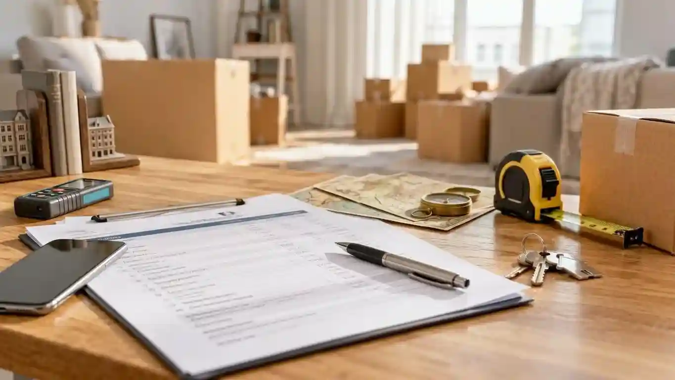 Moving estimate with house keys, tape measure, pen, and packed boxes