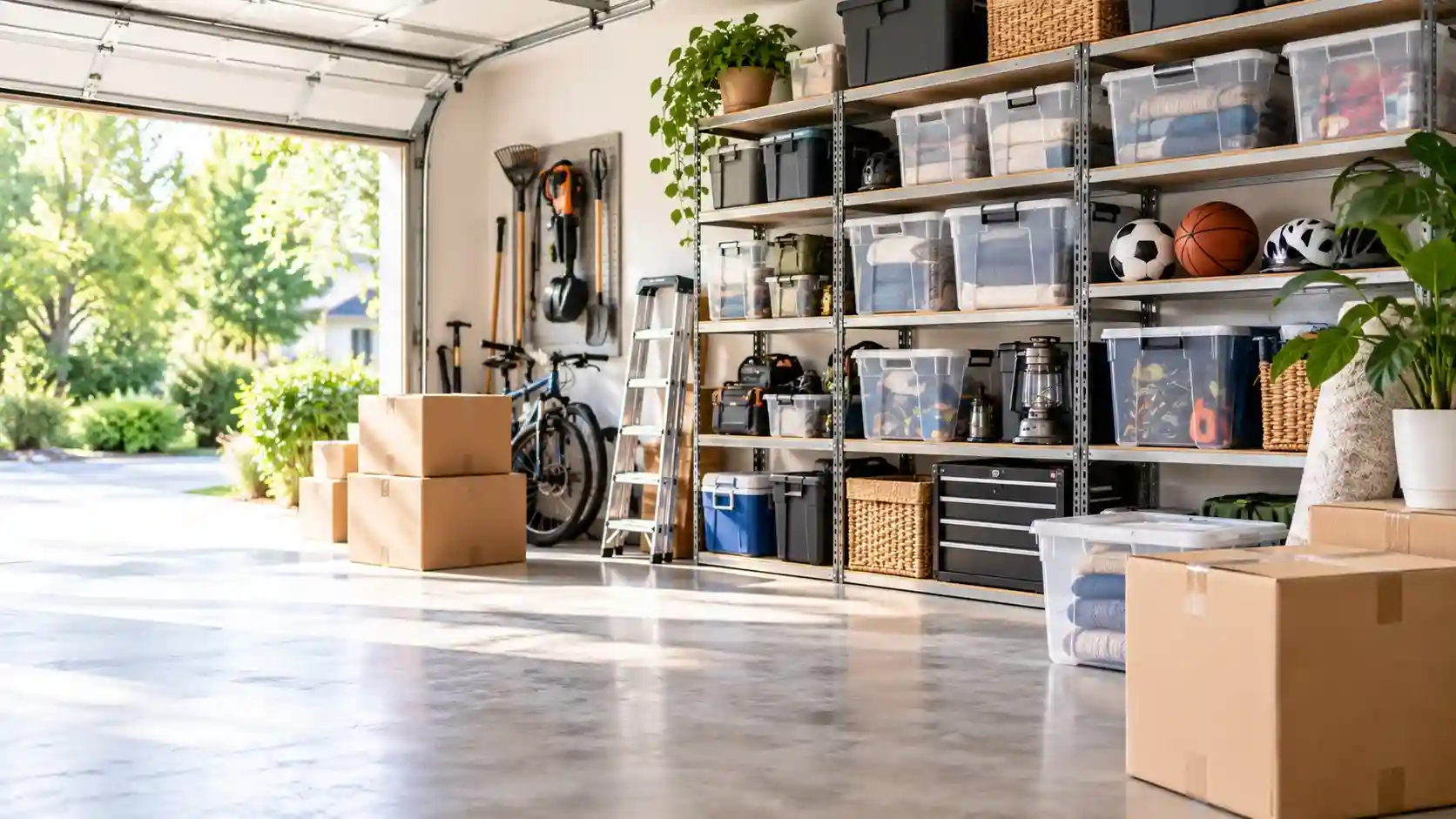 Organized garage with moving boxes, storage bins, tools, and household items ready for a move