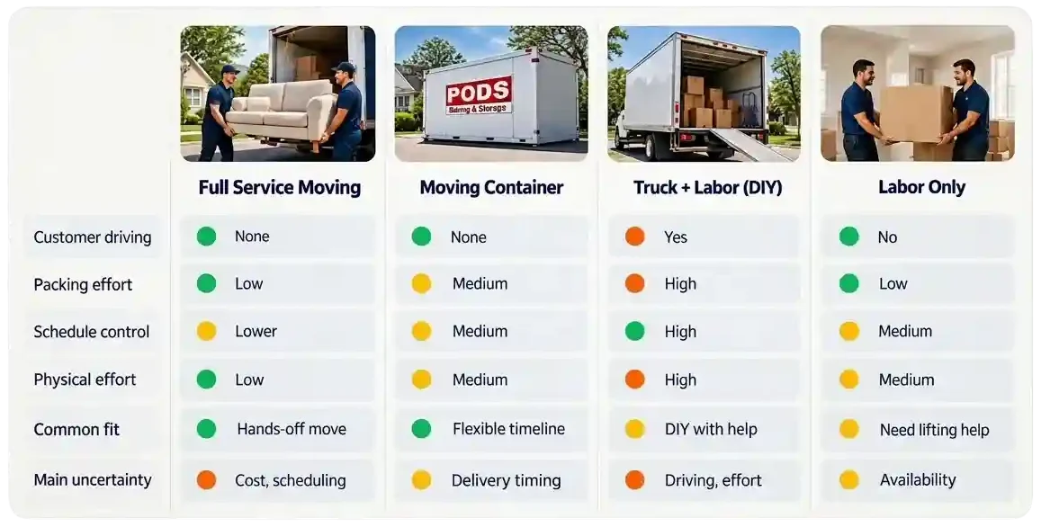 Moving options comparison chart for full-service movers, moving containers, truck plus labor, and labor-only help