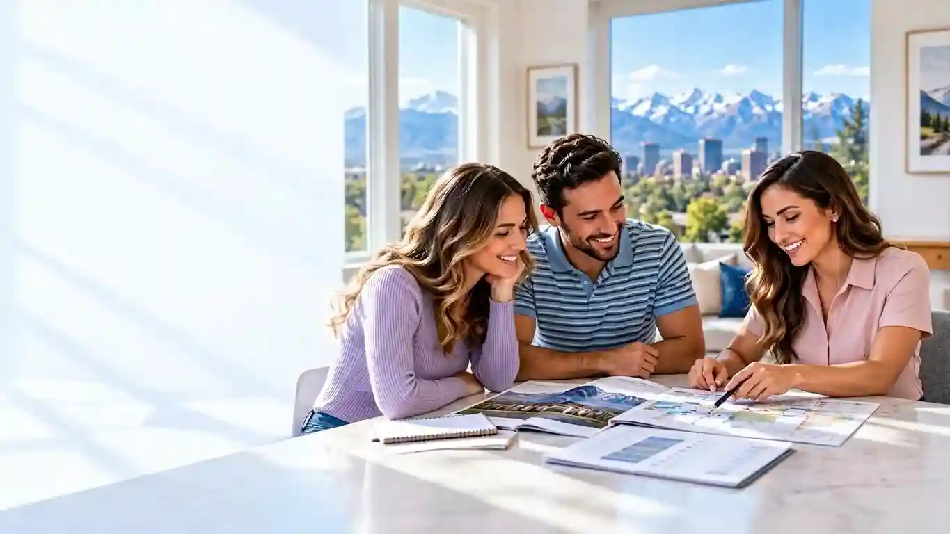 Couple reviewing moving plans and maps with a planning professional at home