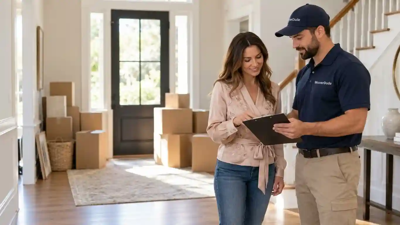 Homeowner reviewing a moving quote with a moving representative in her home