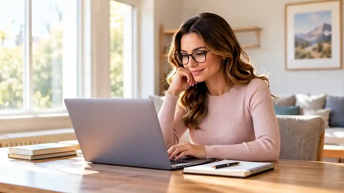 Woman researching moving options on a laptop at home