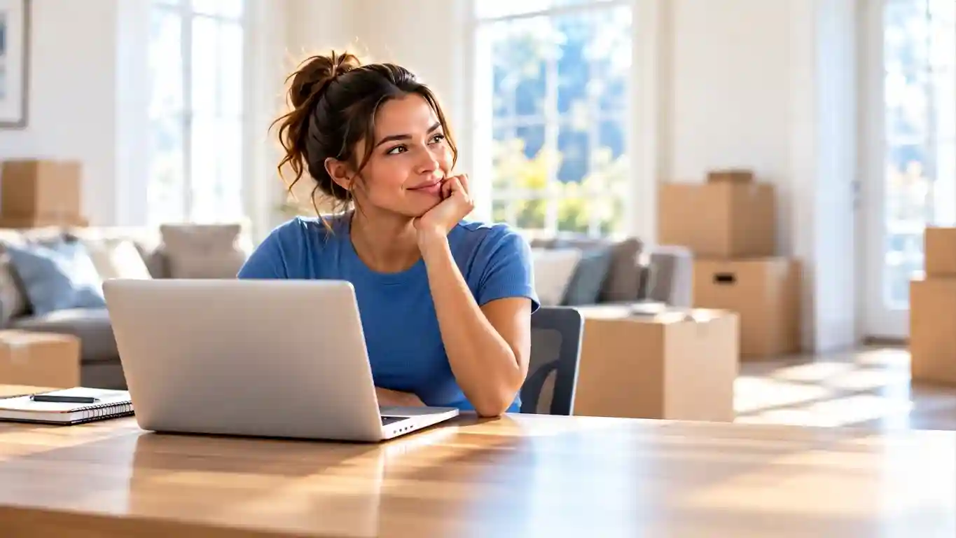 Woman reviewing moving company information on a laptop while planning a move